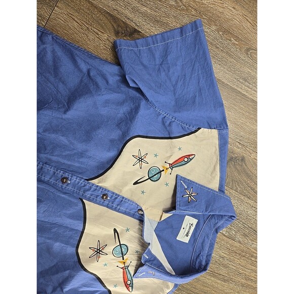 BoozeLeLe 1950s Atomic Rocket Western Button-Down Shirt Mens Medium Blue - Picture 4 of 10